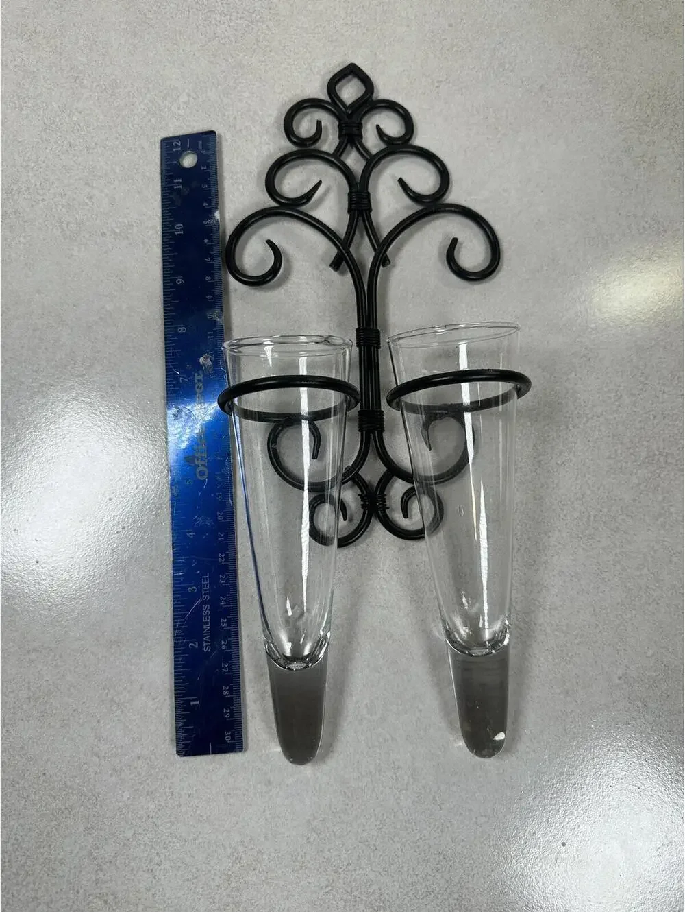 Black Wrought Iron Wall-Mounted Sconces Two Conical Glass Vases Farm Cottagecore